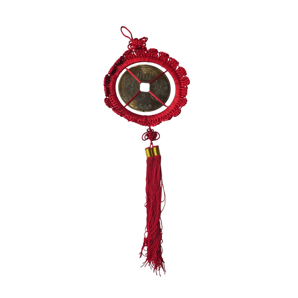 Chinese Feng Shui Large Brass Medallion Red Macrame Tassel Wall Hanging 24 In W1